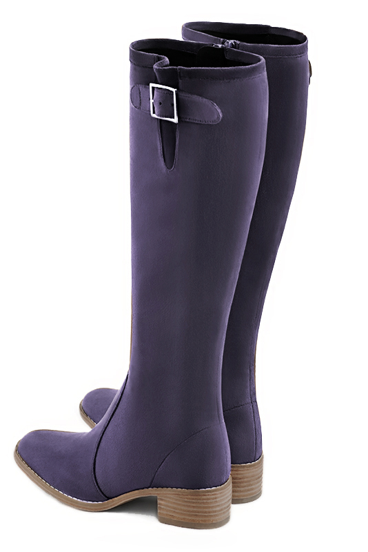 Bottes femme cavalieres sur mesures violet lavande Mollets fins ou larges Bout rond. Semelle cuir petit talon. Personnalisation. Modele Watson Paris Bloc